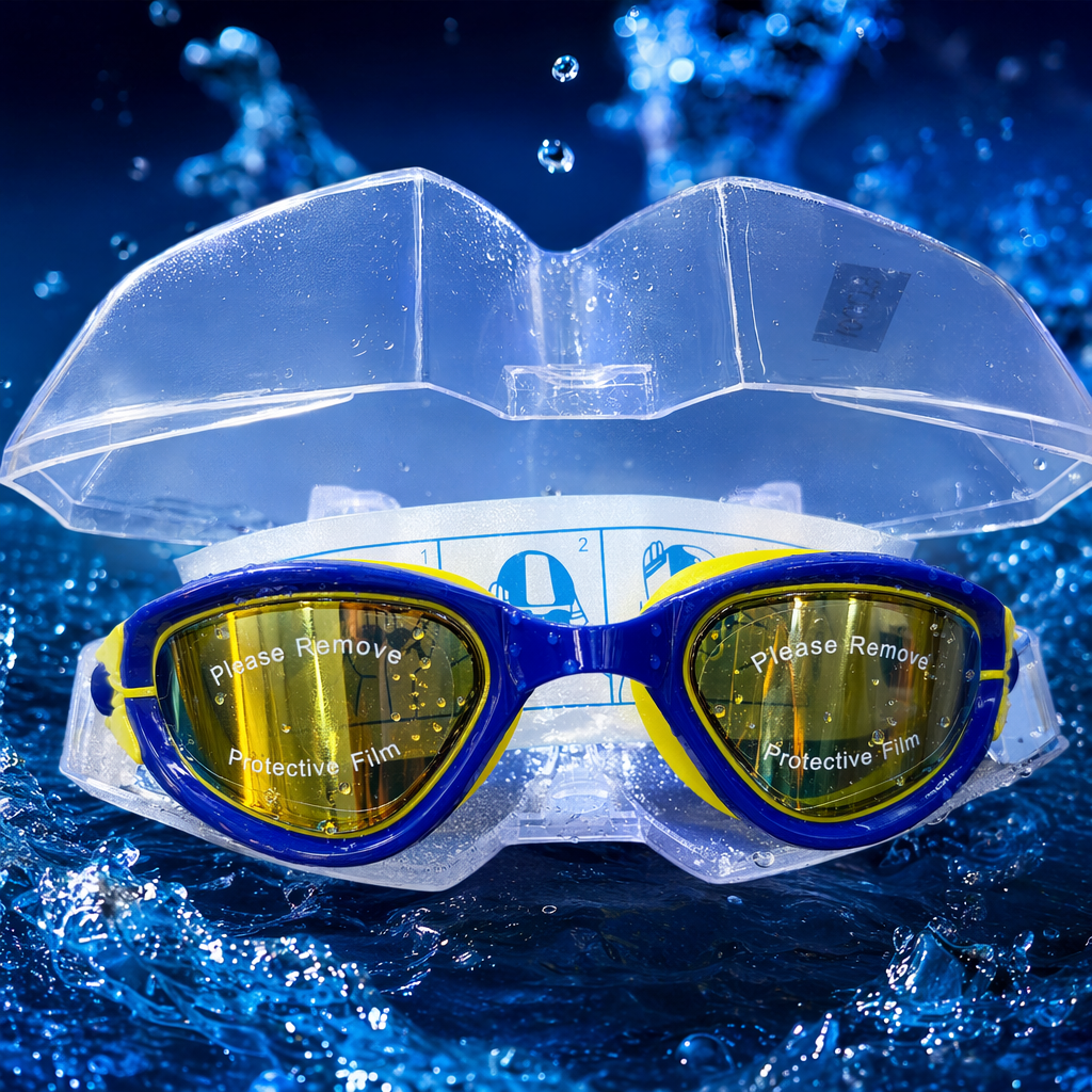 Blue and yellow swimming goggles with anti-fog and waterproof silicone for comfortable fit, suitable for both men and women Specification image