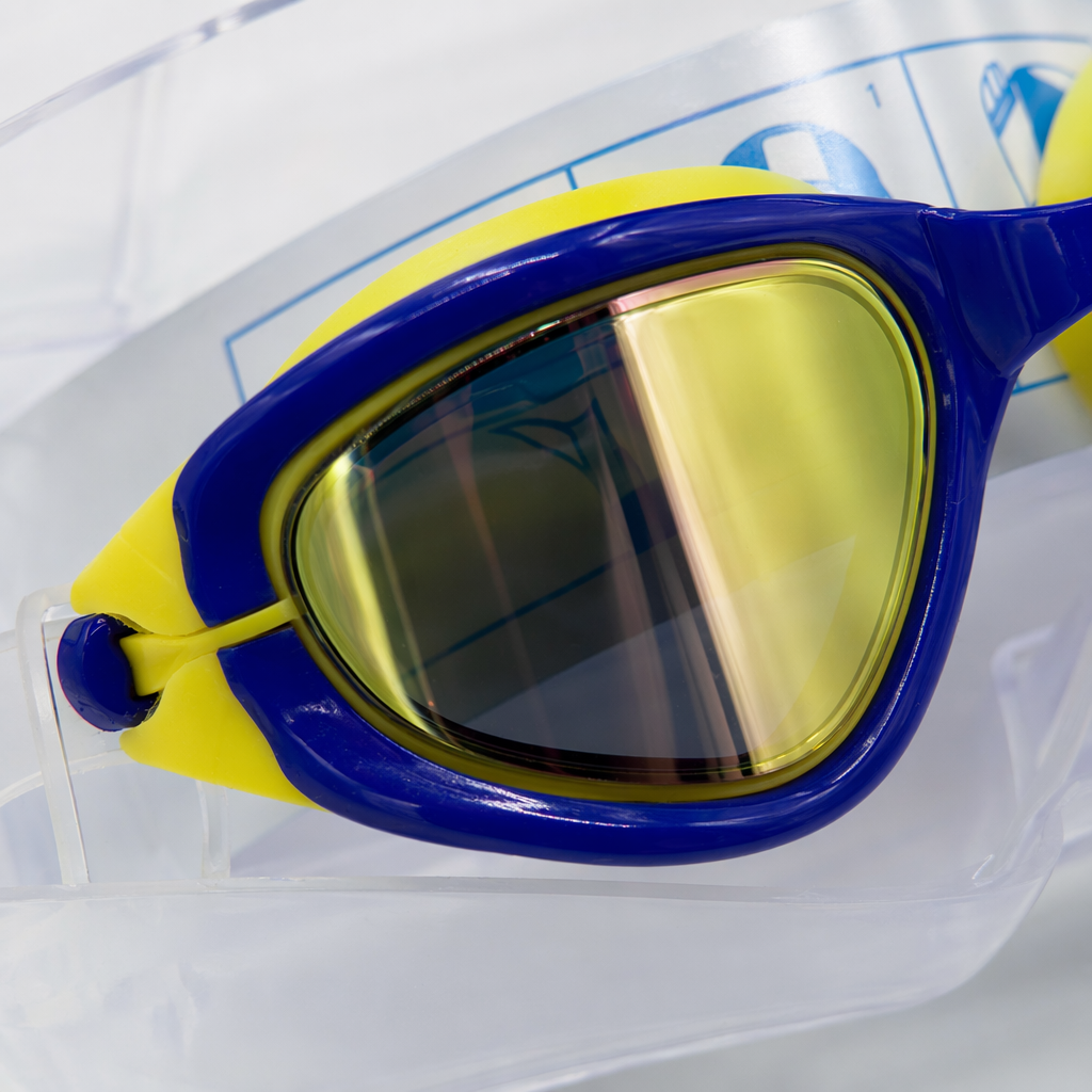 Blue and yellow swimming goggles with anti-fog and waterproof silicone for comfortable fit, suitable for both men and women Application Scenario