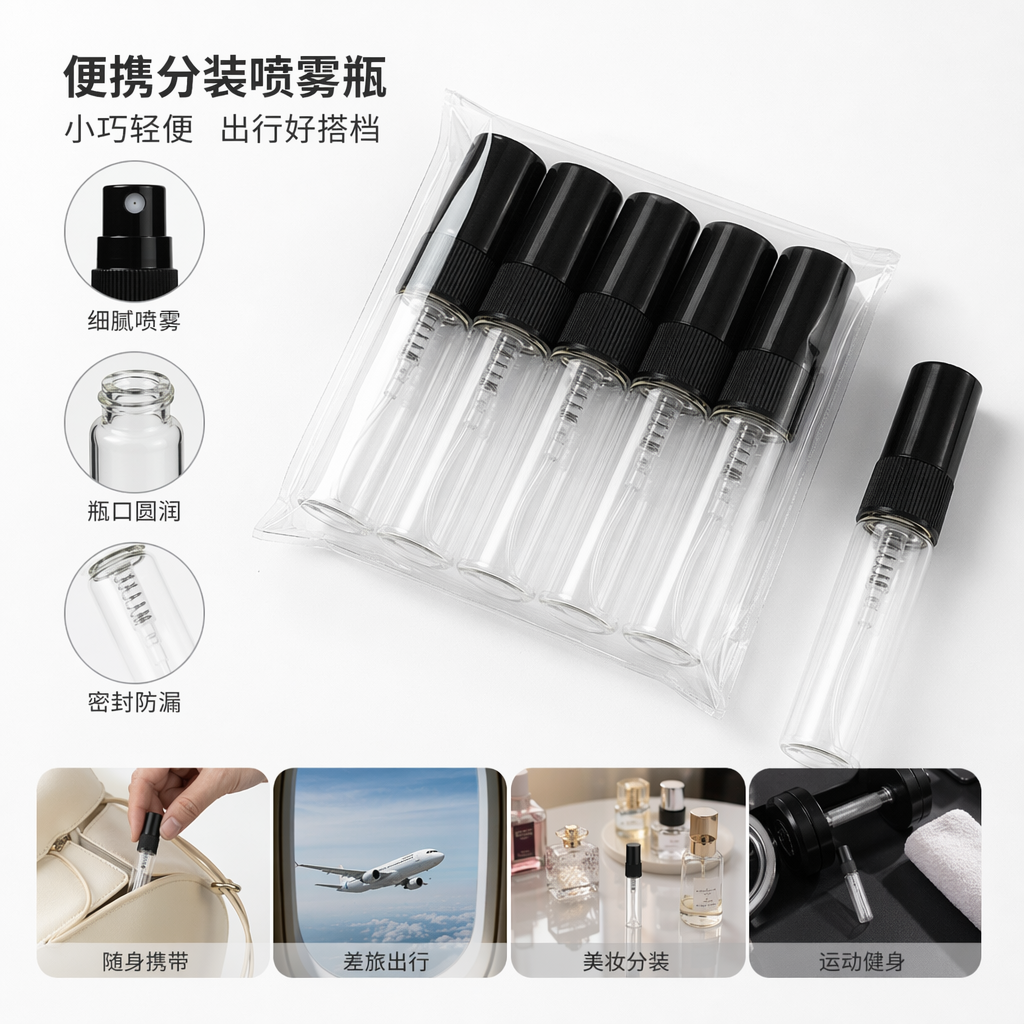 3ml transparent glass portioning bottle, black nozzle glass small bottle perfume bottle