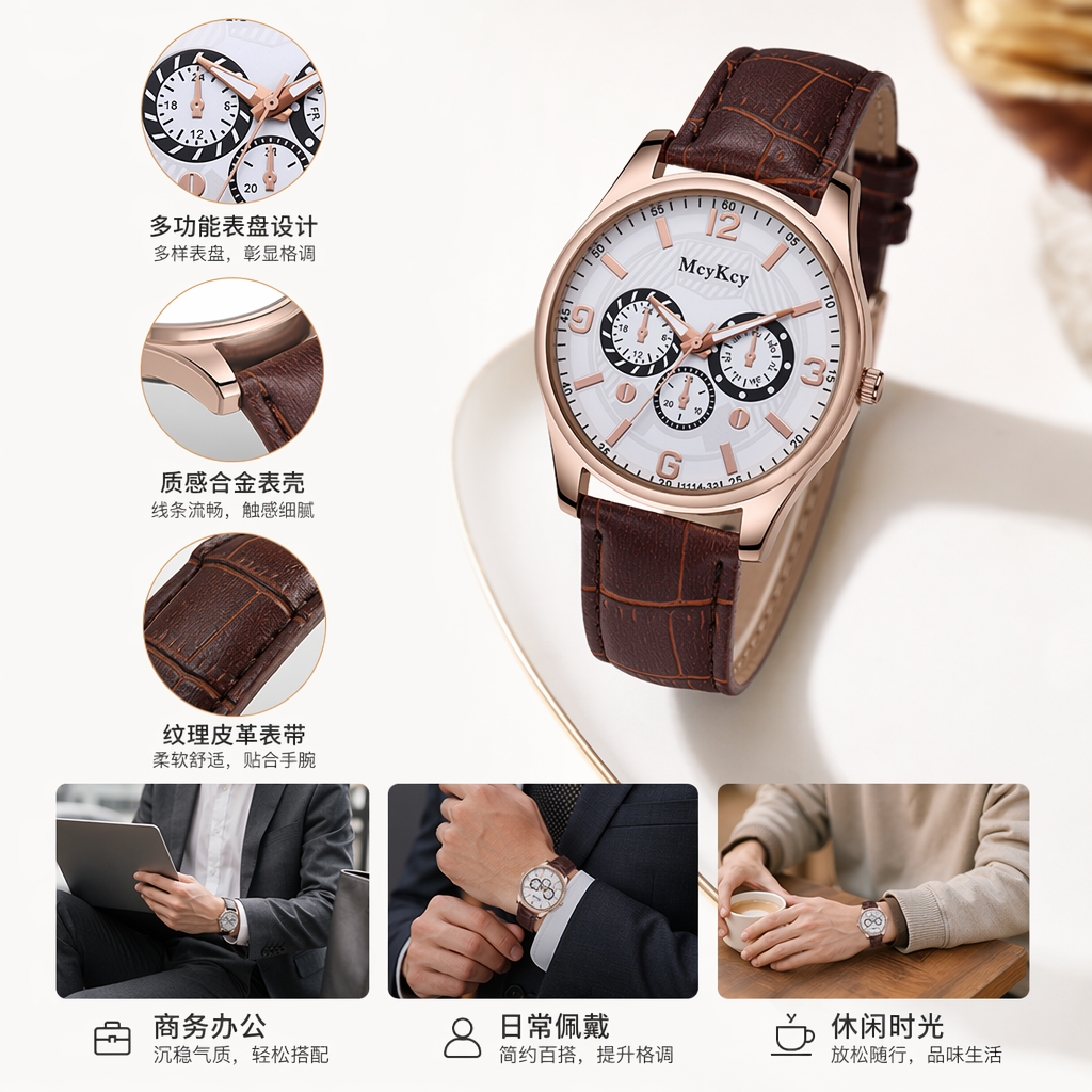 棕色皮质表带玫瑰金表壳白色表盘手表