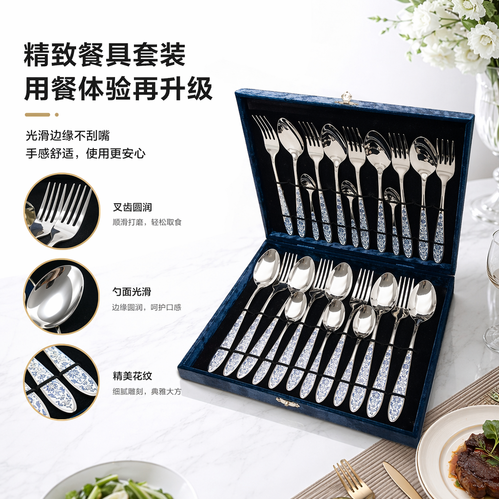 蓝色礼盒装银色餐具套装家用简约风不锈钢餐勺叉