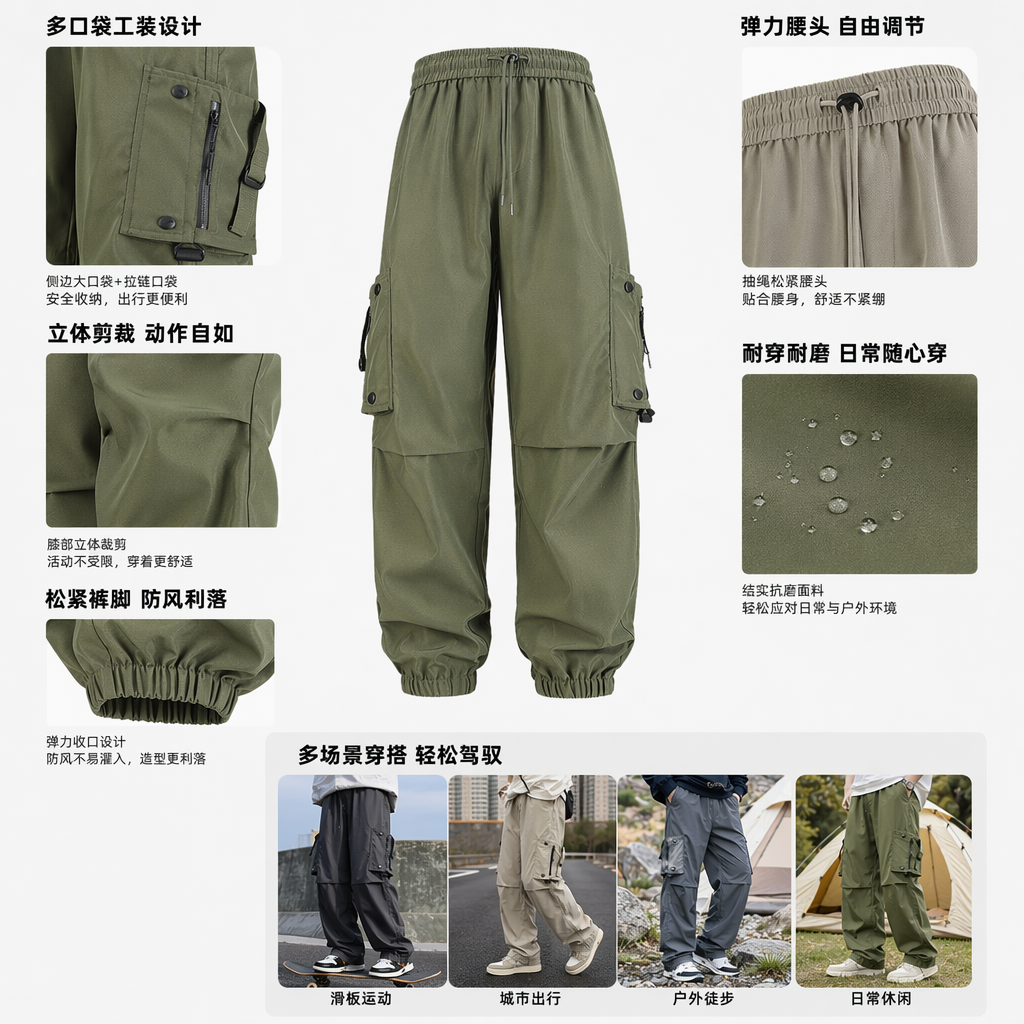 Four styles of military-style cargo pants: black, dark grey, dark military green, khaki, elastic waist, drawstring, multi-pocket, and corset