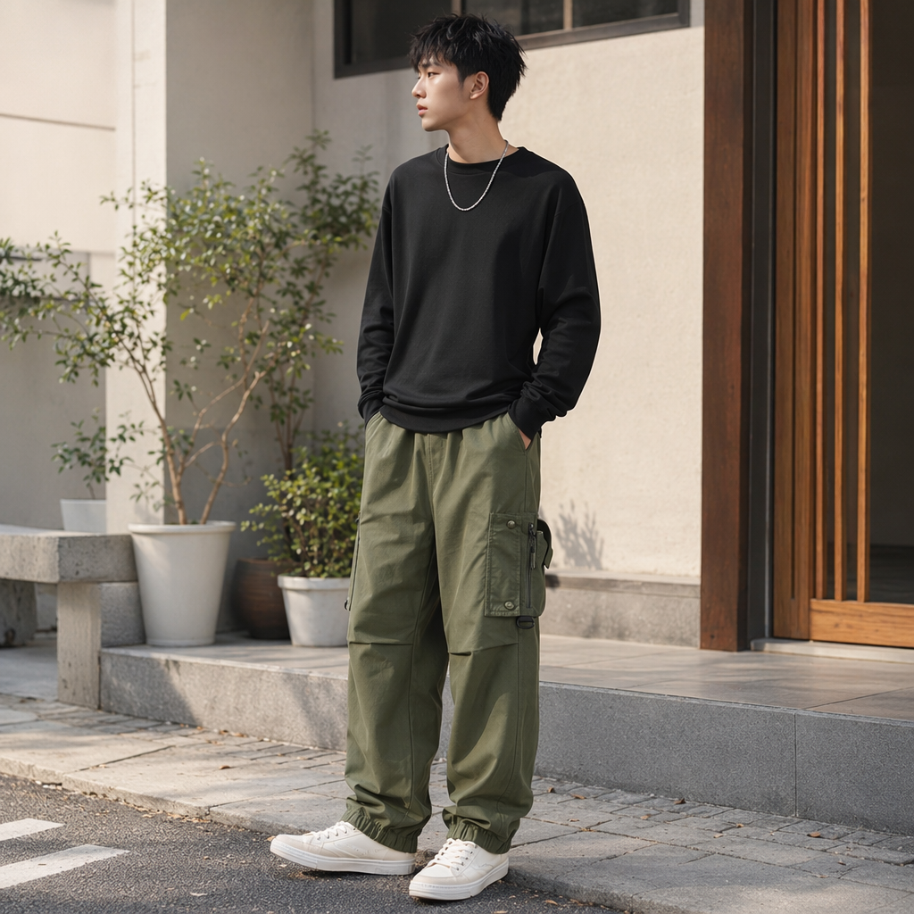 Four styles of military-style cargo pants: black, dark grey, dark military green, khaki, elastic waist, drawstring, multi-pocket, and corset details Picture