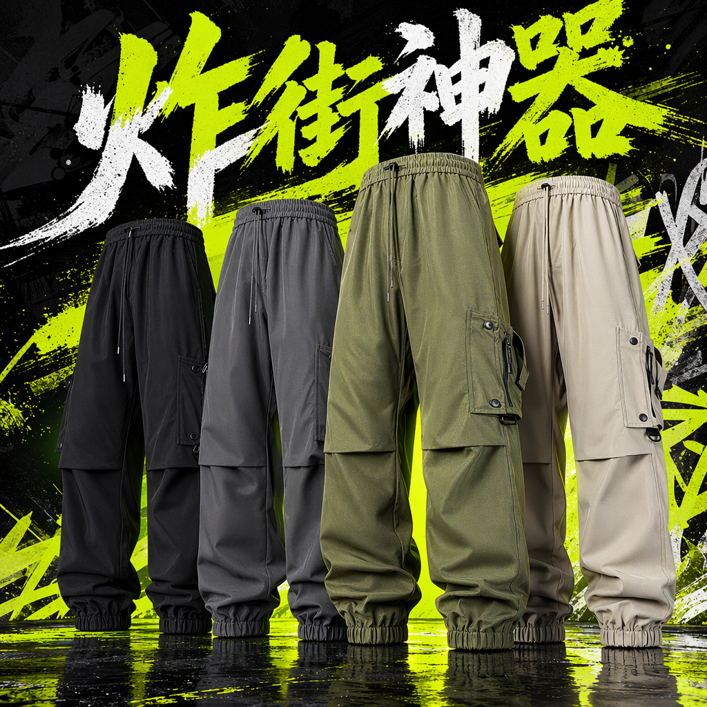 Four styles of military-style cargo pants: black, dark grey, dark military green, khaki, elastic waist, drawstring, multi-pocket, and corset Specification image