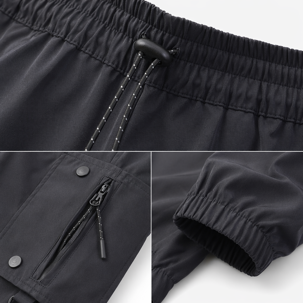 Four styles of military-style cargo pants: black, dark grey, dark military green, khaki, elastic waist, drawstring, multi-pocket, and corset Application Scenario