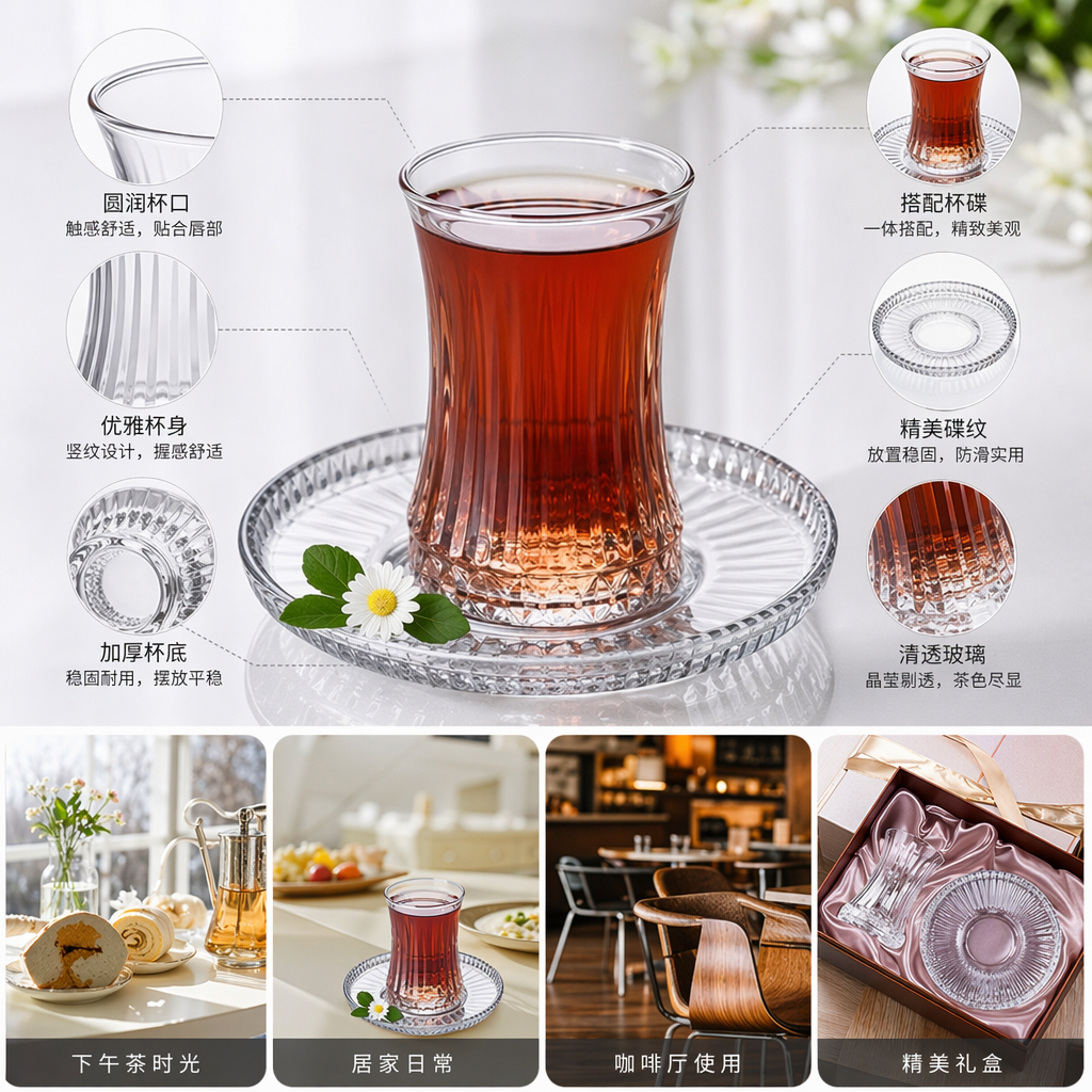 透明玻璃茶杯配雕花玻璃托盘红茶白菊绿叶套装