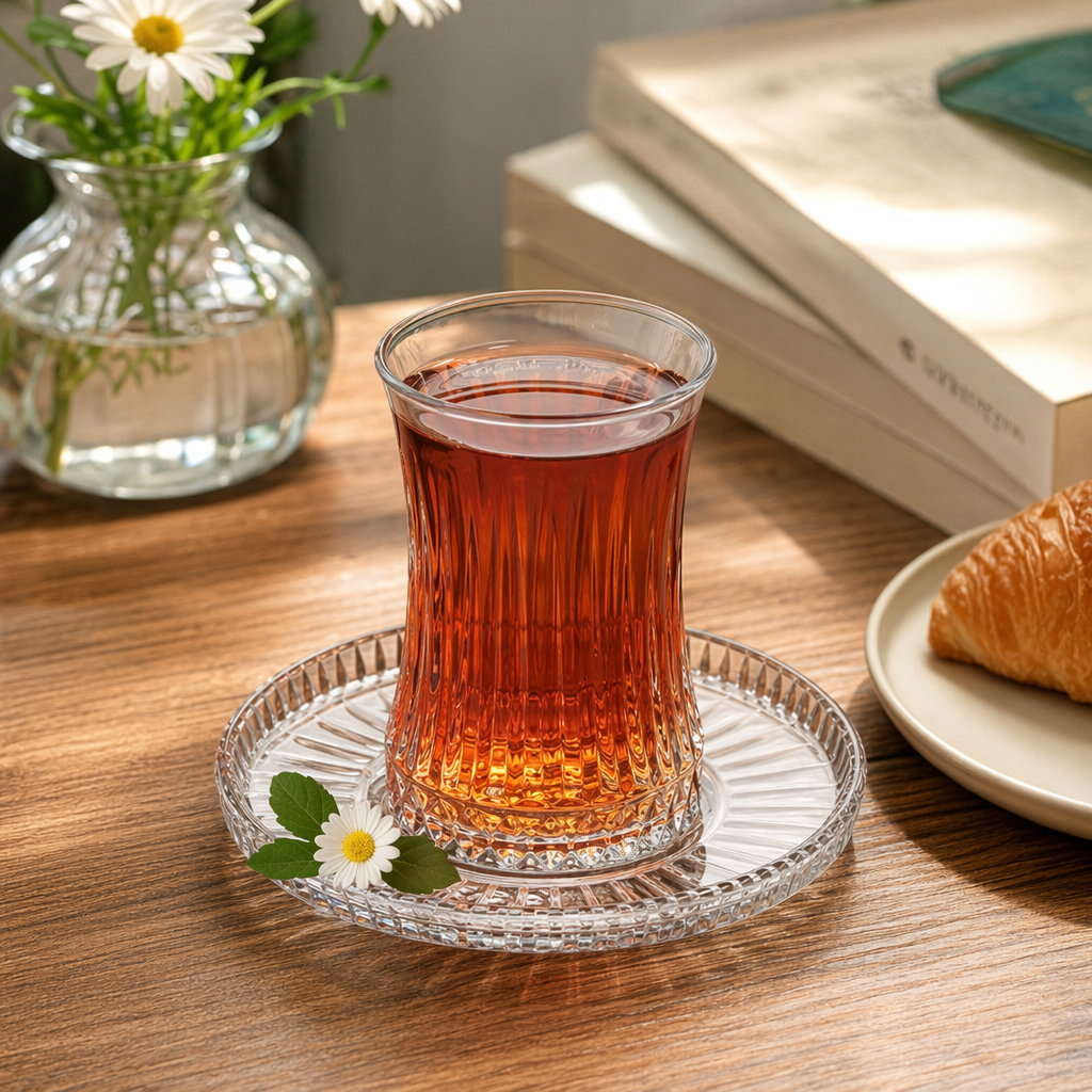 Transparent glass teacup with carved glass tray, black tea, white chrysanthemum and green leaf set details Picture