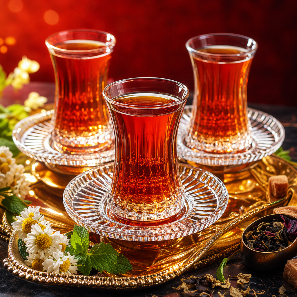 Transparent glass teacup with carved glass tray, black tea, white chrysanthemum and green leaf set Specification image