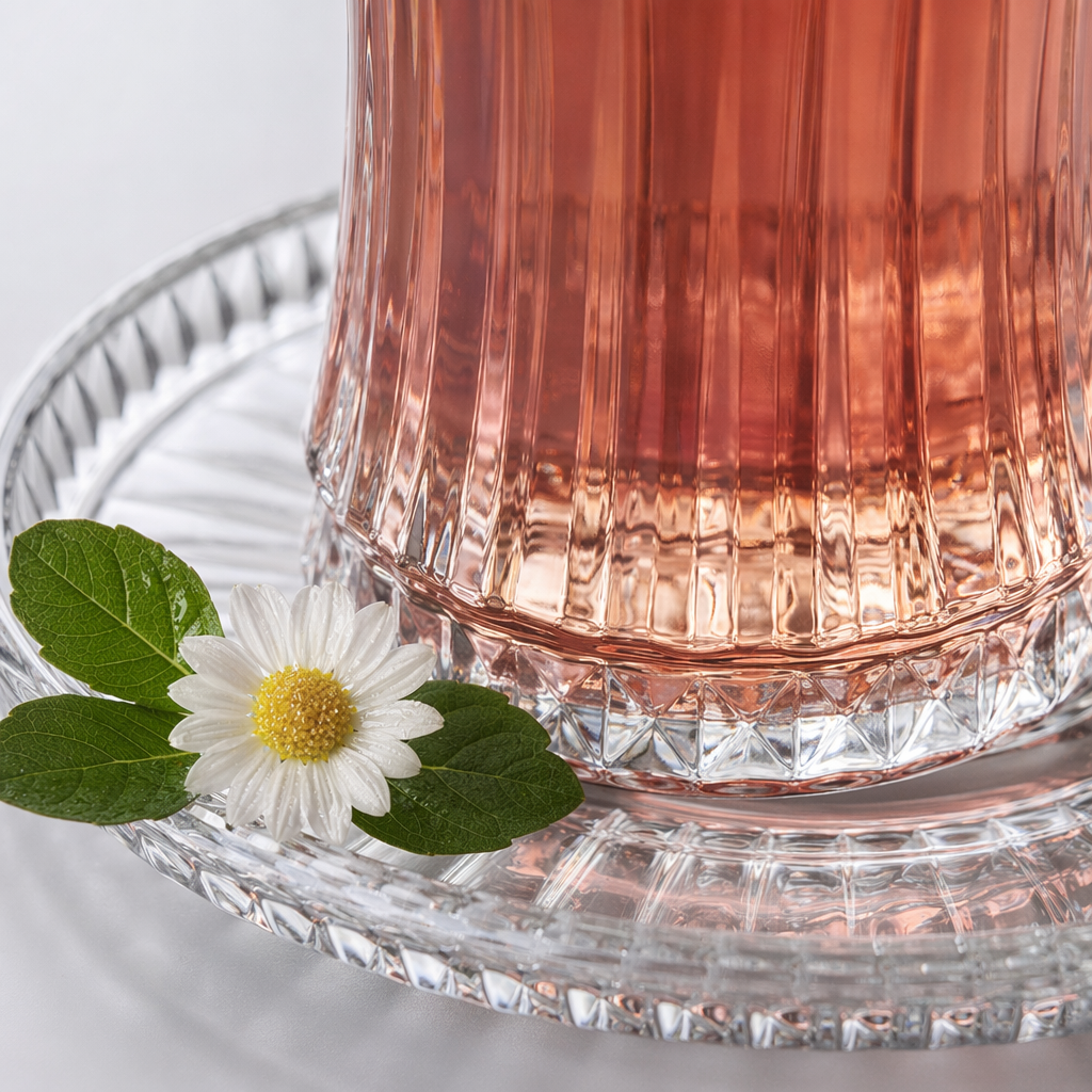 Transparent glass teacup with carved glass tray, black tea, white chrysanthemum and green leaf set Application Scenario