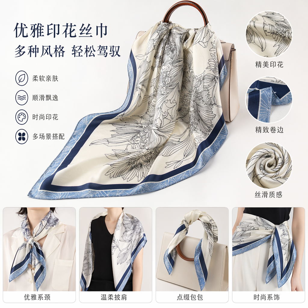 蓝白花卉图案真丝丝巾女士春夏围巾轻薄透气
