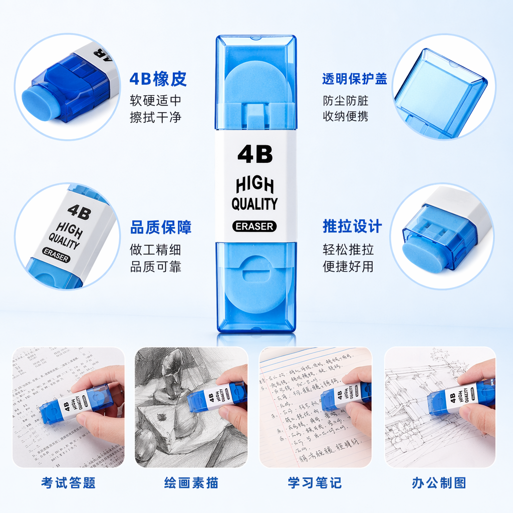 彩色透明外壳4B高质橡皮擦学生用擦字干净不留痕