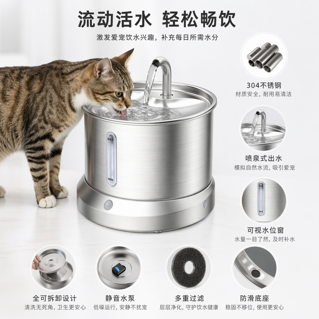 Silver pet water dispenser, a silent circulating automatic water dispenser specially designed for tabby cats