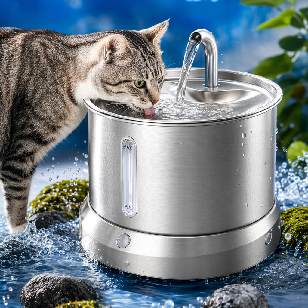 Silver pet water dispenser, a silent circulating automatic water dispenser specially designed for tabby cats Specification image