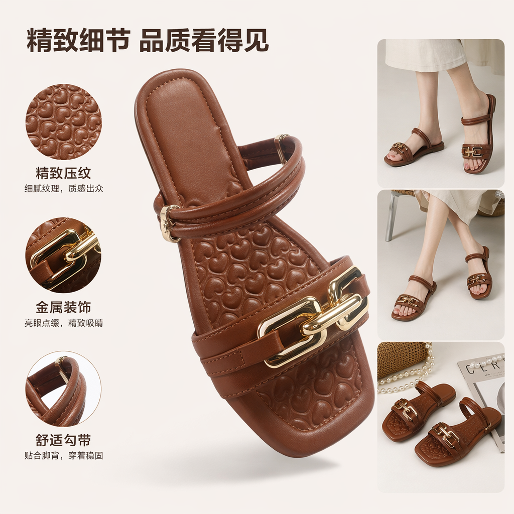 棕色皮革凉鞋 金色链条装饰 心形压纹