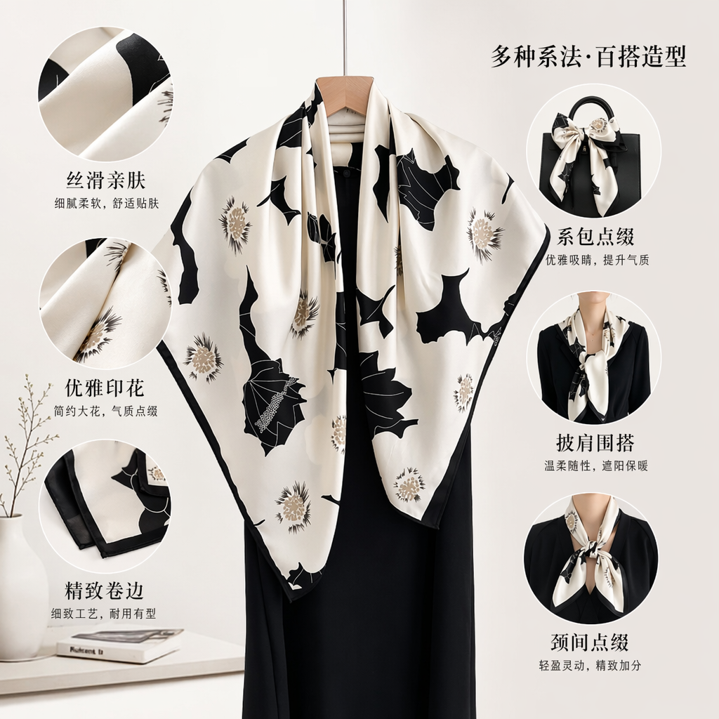 黑白花卉图案丝巾纯棉材质柔软亲肤系法多样