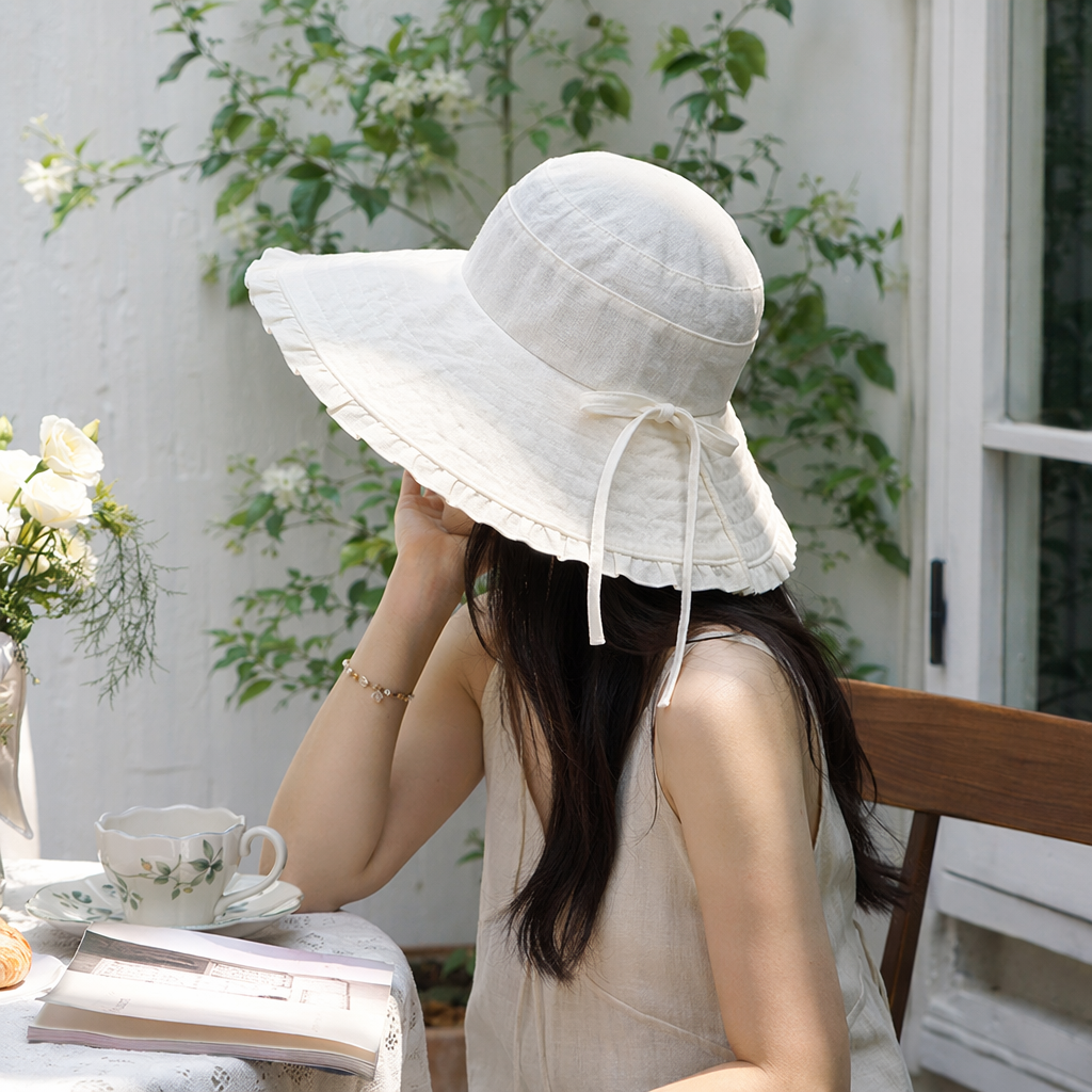 白色褶皱宽檐帽 女夏防晒遮阳草编礼帽产品图