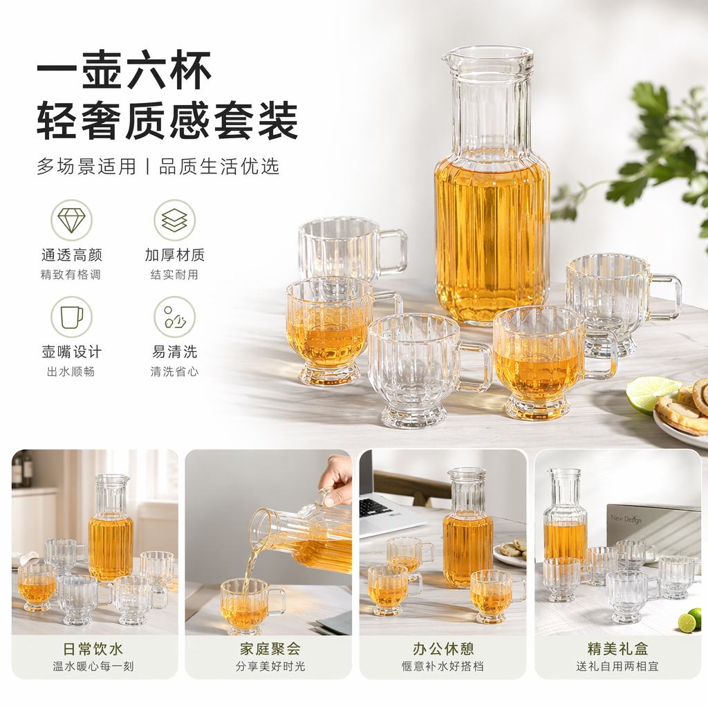 New Design transparent glass water bottle with three glass cups gift box set