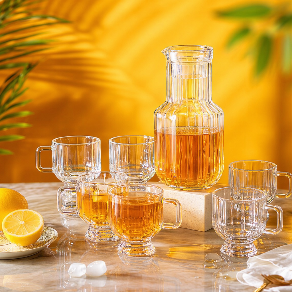 New Design transparent glass water bottle with three glass cups gift box set Specification image