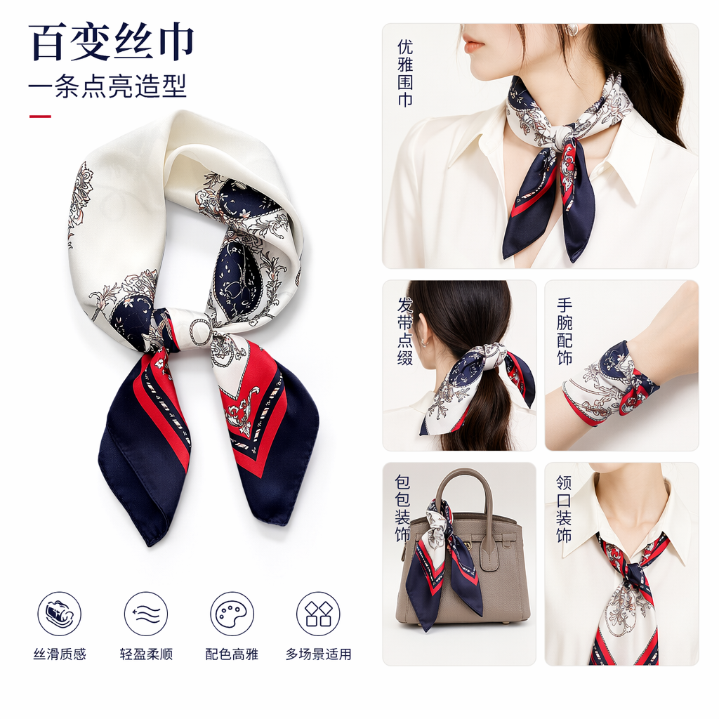 白色方形丝巾深蓝红几何花卉图案蝴蝶结黑色托盘