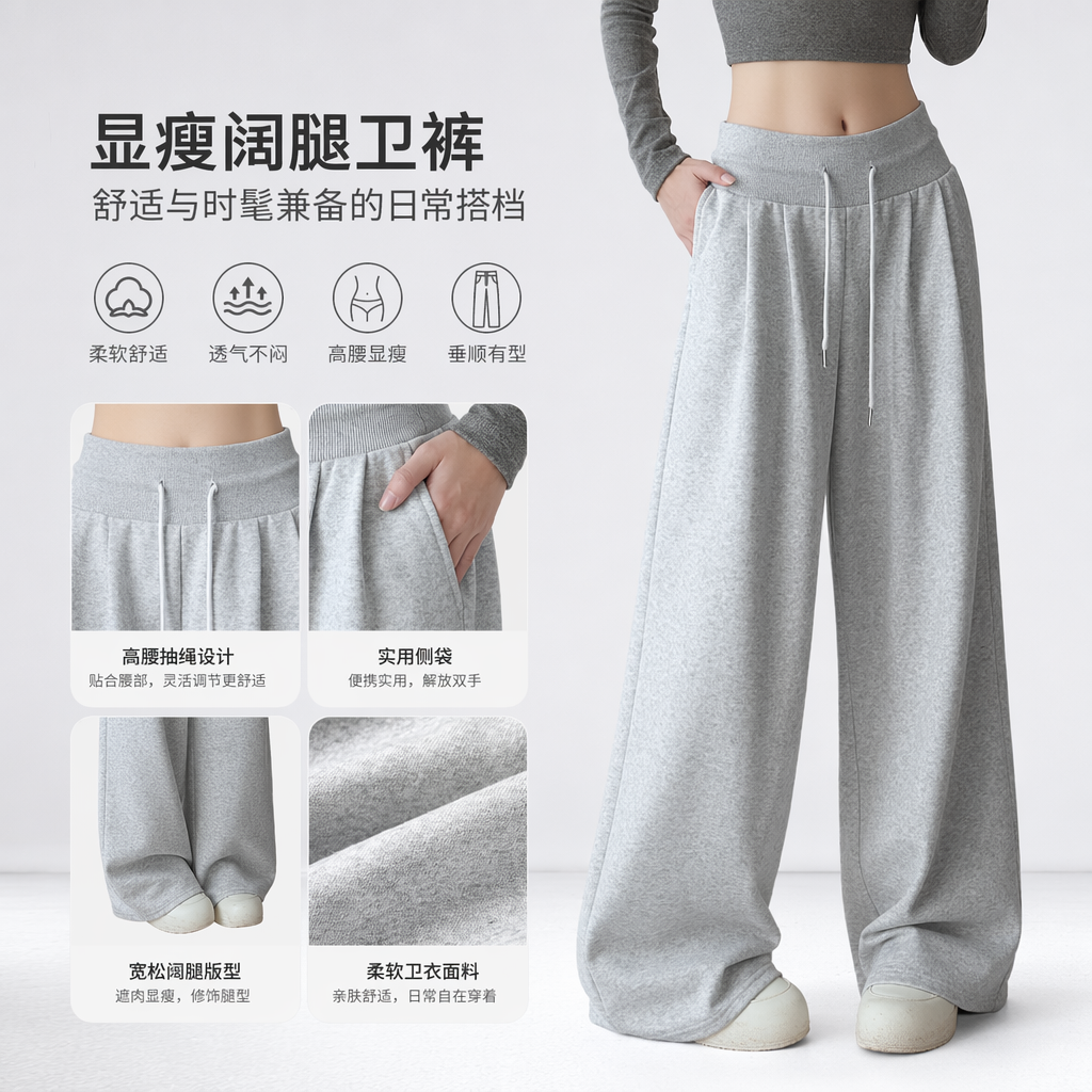 White fleece warm wide-leg pants, grey looped fabric, high-waisted drawstring back pocket, real photo of the model