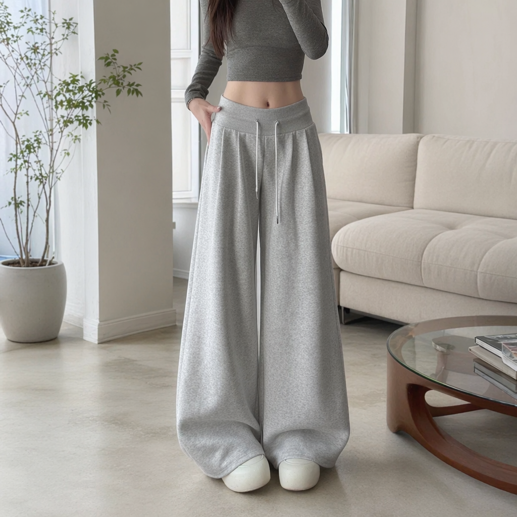 White fleece warm wide-leg pants, grey looped fabric, high-waisted drawstring back pocket, real photo of the model details Picture