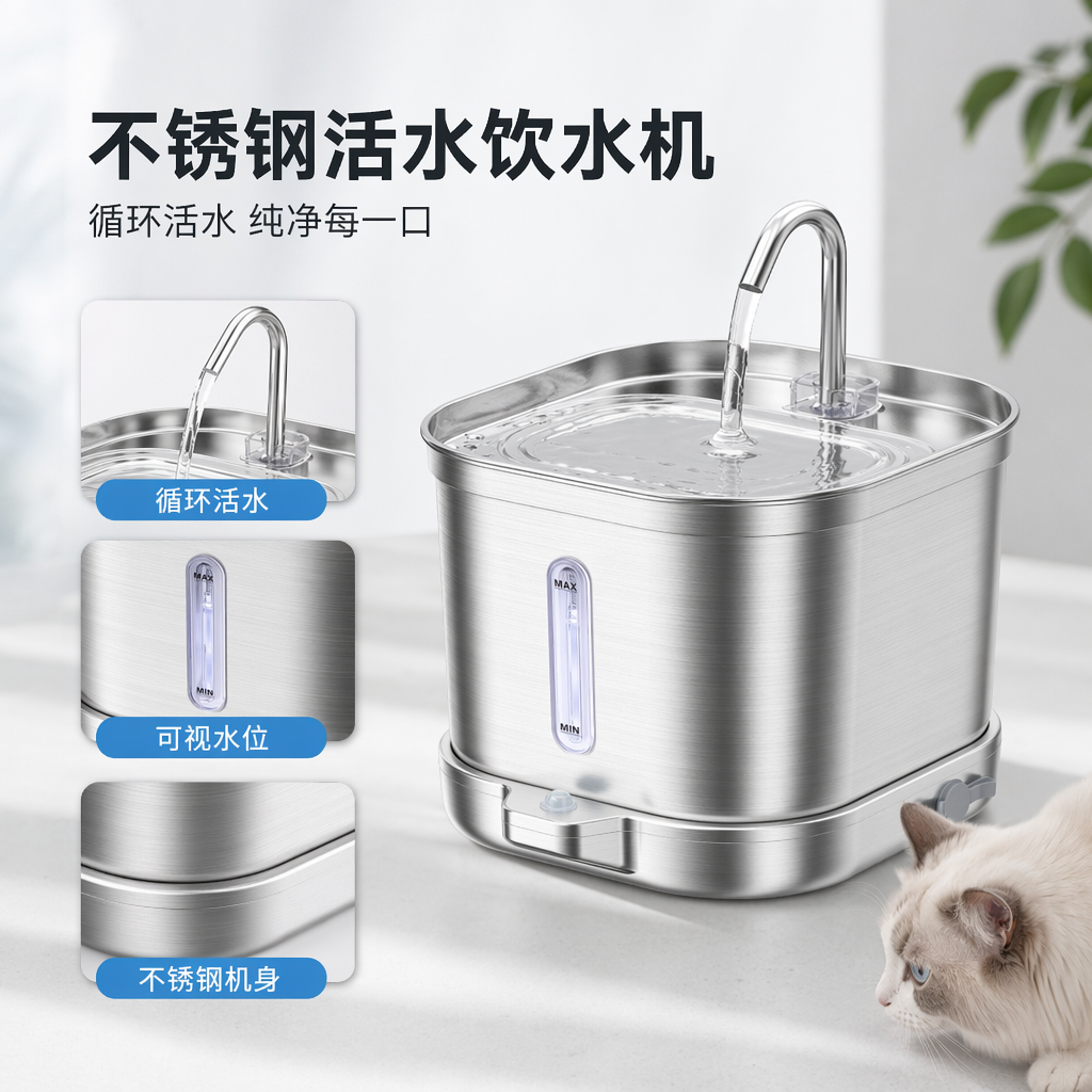 银色不锈钢宠物自动饮水机静音节能循环过滤