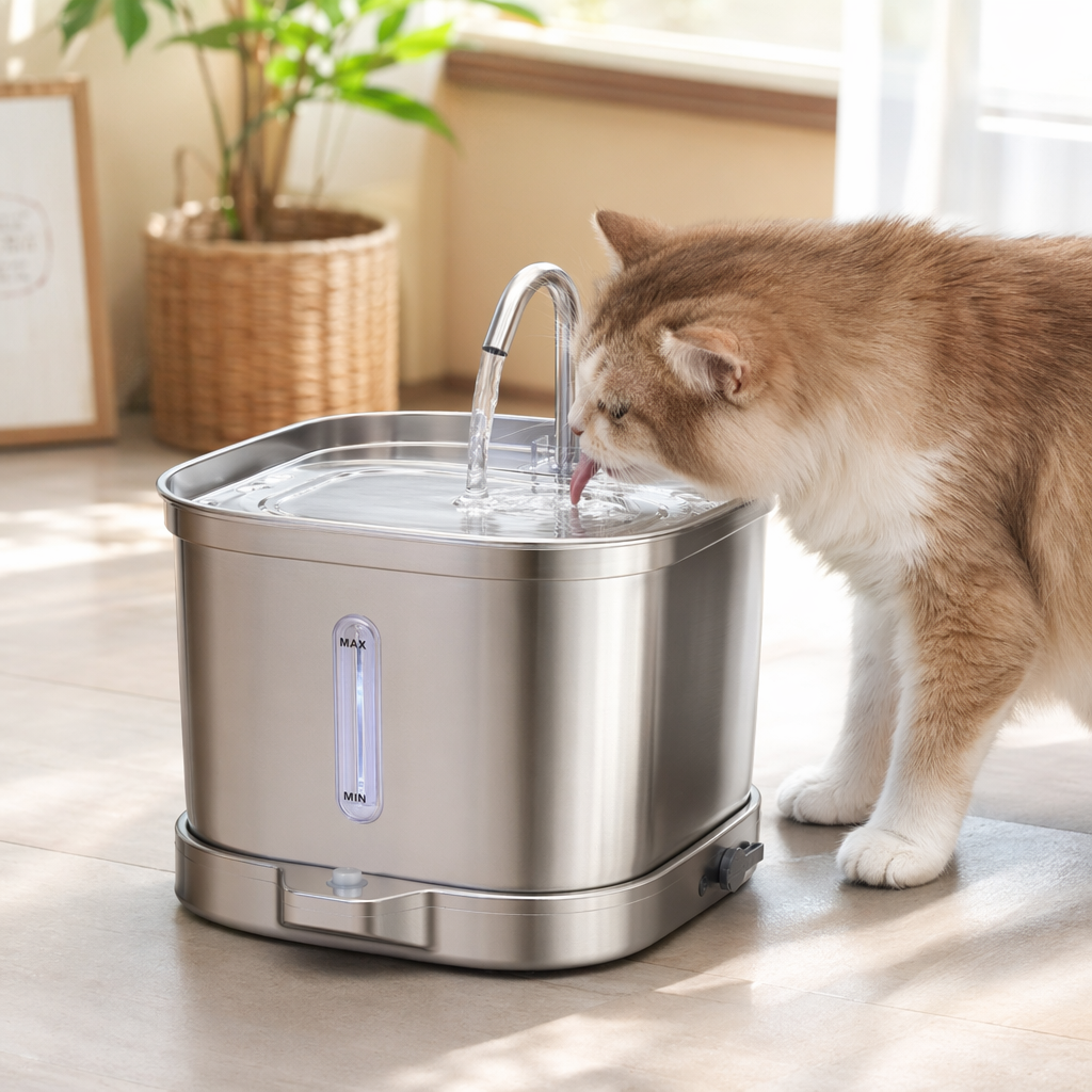 The silver stainless steel automatic water dispenser for pets features silent, energy-saving and circulating filtration details Picture