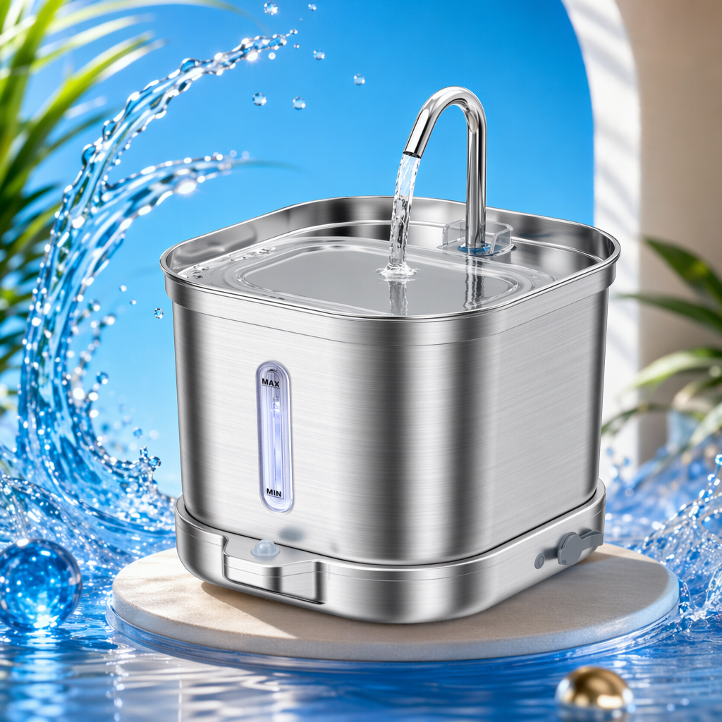 The silver stainless steel automatic water dispenser for pets features silent, energy-saving and circulating filtration Specification image