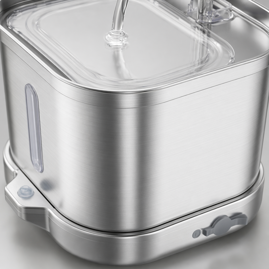 The silver stainless steel automatic water dispenser for pets features silent, energy-saving and circulating filtration Application Scenario