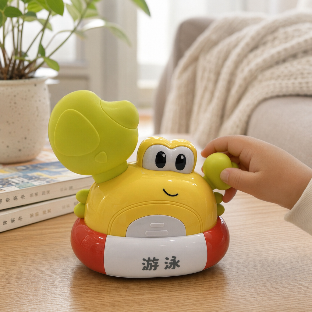 Yellow frog-shaped toy, green arm, red and white decorated SWIM word details Picture
