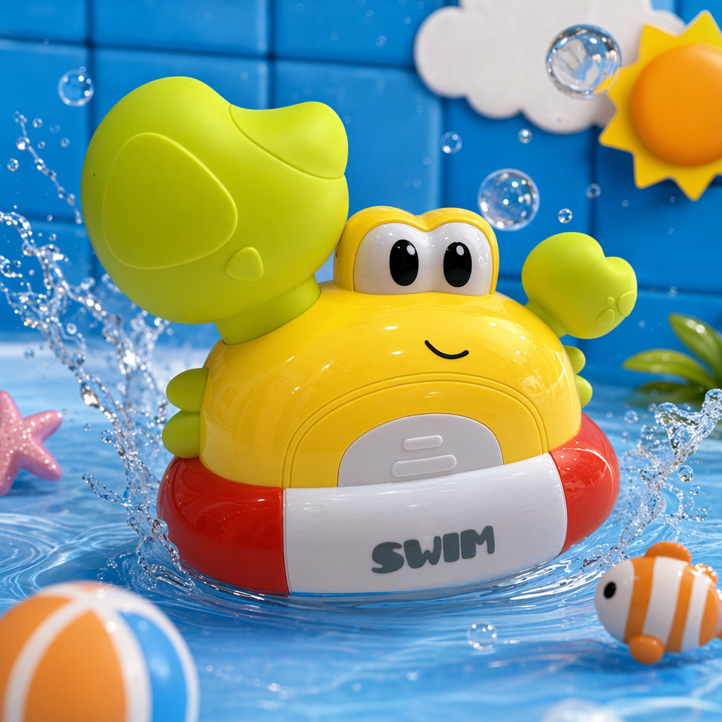 Yellow frog-shaped toy, green arm, red and white decorated SWIM word Specification image