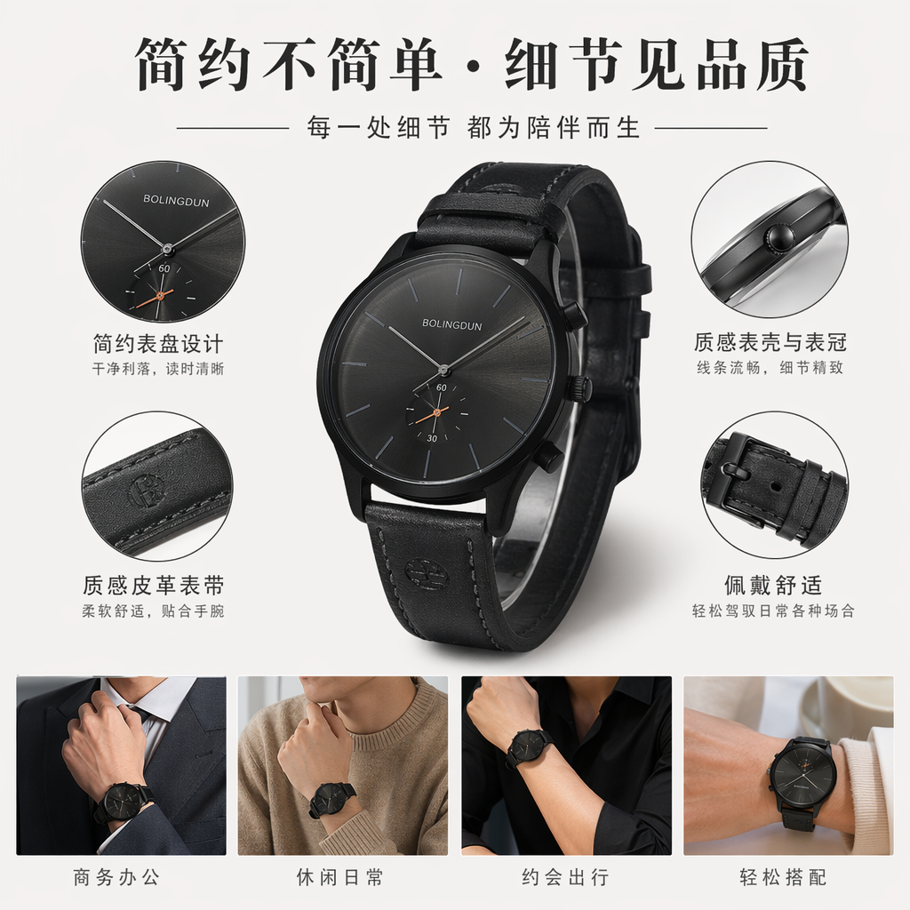 黑色表盘手表配深蓝棕黄深灰三色表带可选