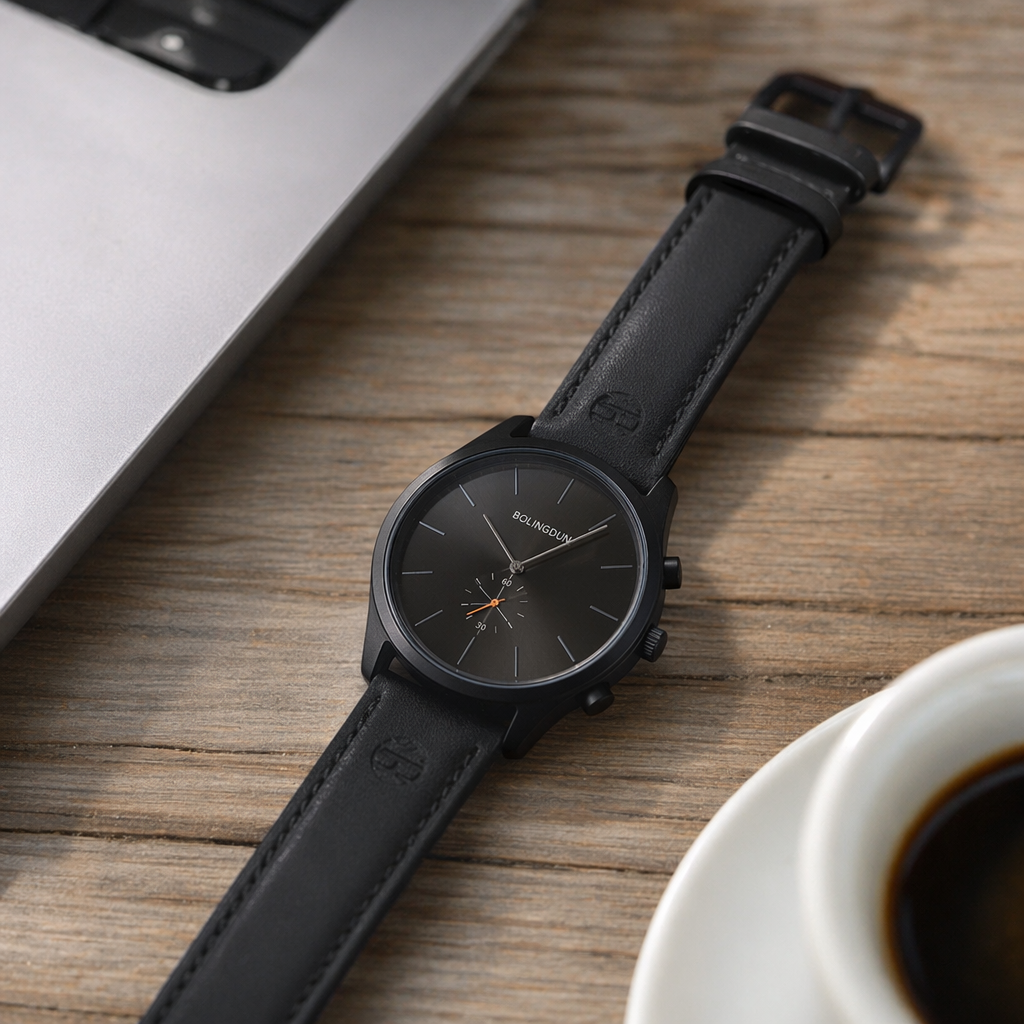 The black dial watch is available with three color straps: dark blue, brown, yellow and dark gray details Picture