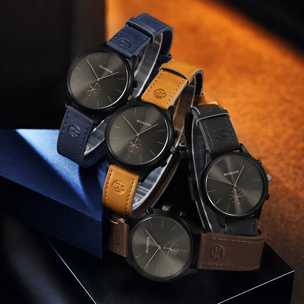 The black dial watch is available with three color straps: dark blue, brown, yellow and dark gray Specification image