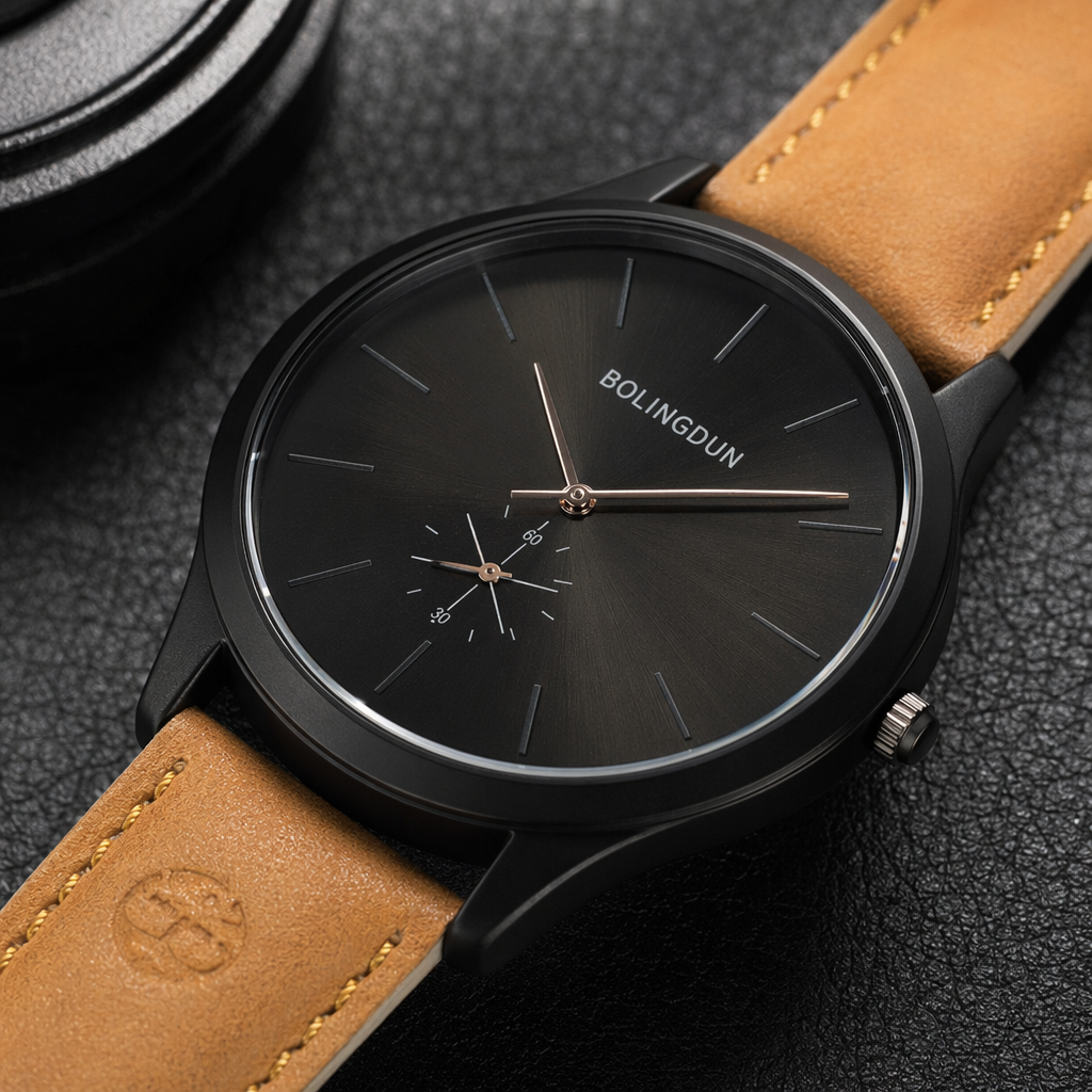 The black dial watch is available with three color straps: dark blue, brown, yellow and dark gray Application Scenario