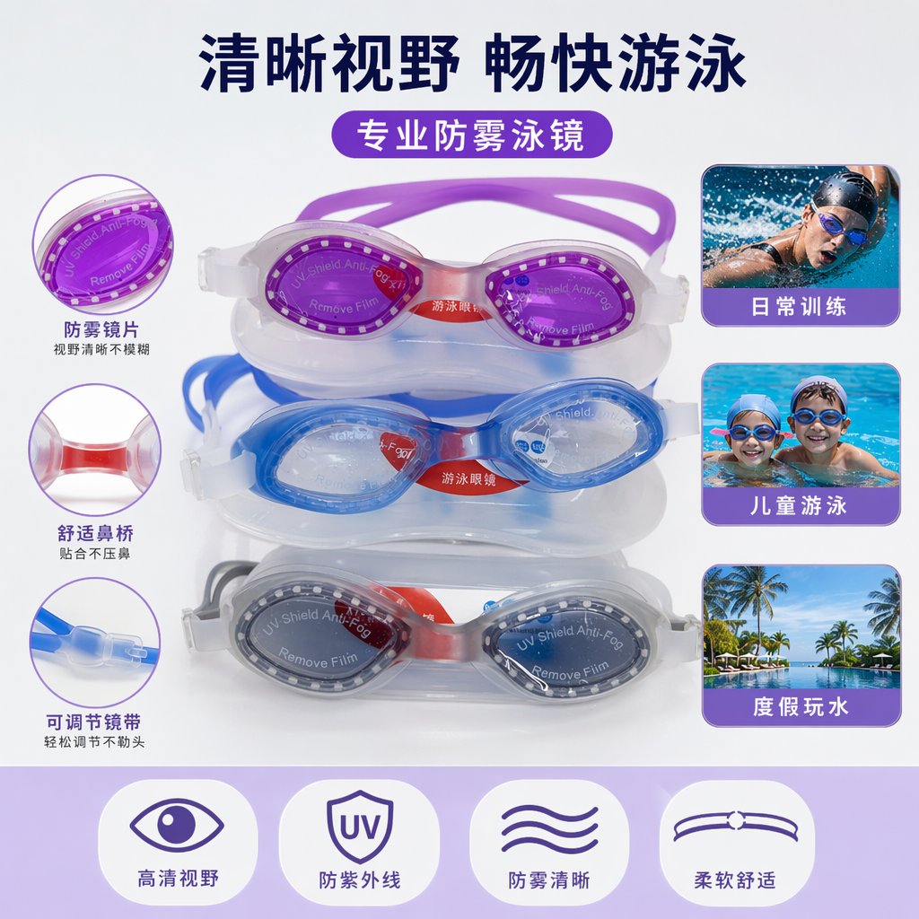 Three pairs of colored swimming goggles with purple, blue, gray and black anti-fog films for UV protection