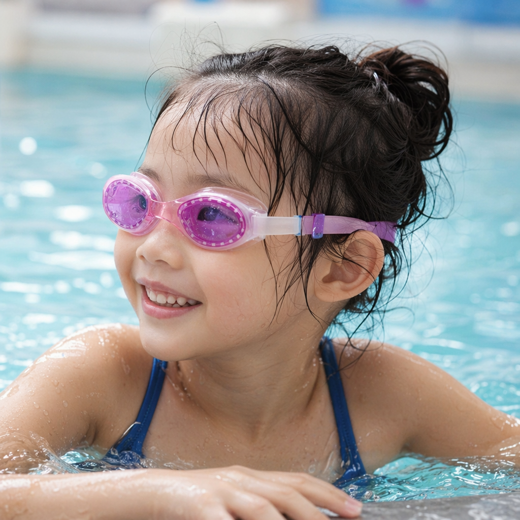 Three pairs of colored swimming goggles with purple, blue, gray and black anti-fog films for UV protection details Picture