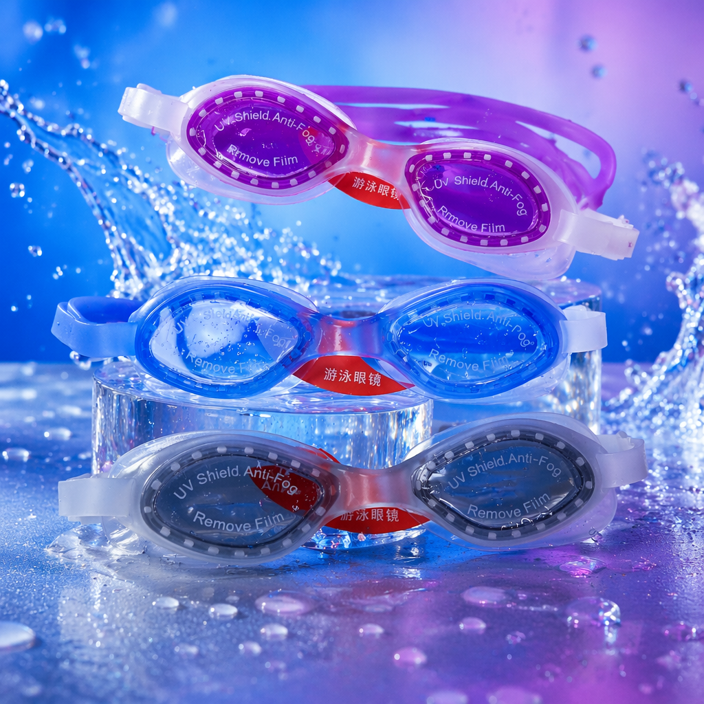 Three pairs of colored swimming goggles with purple, blue, gray and black anti-fog films for UV protection Specification image