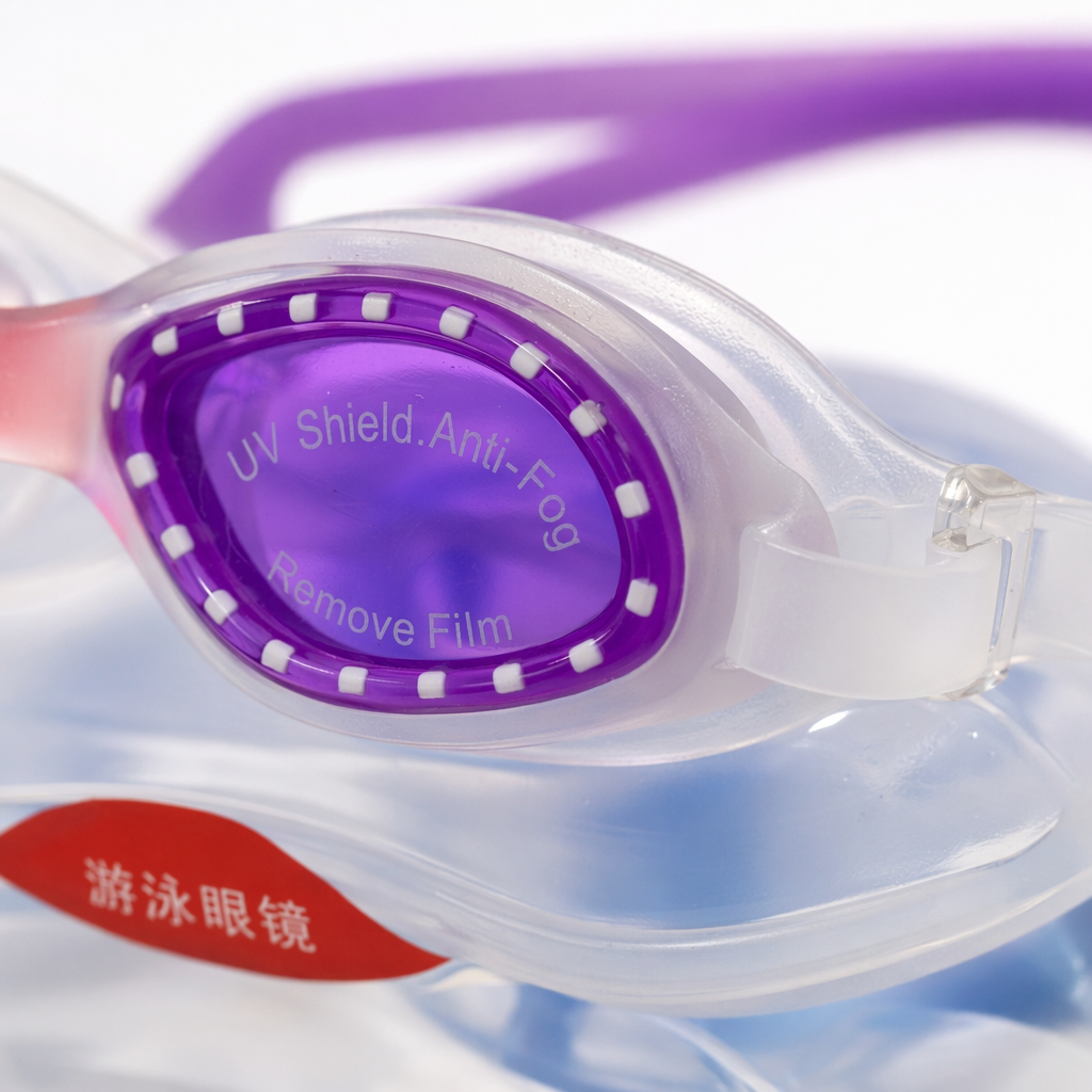 Three pairs of colored swimming goggles with purple, blue, gray and black anti-fog films for UV protection Application Scenario