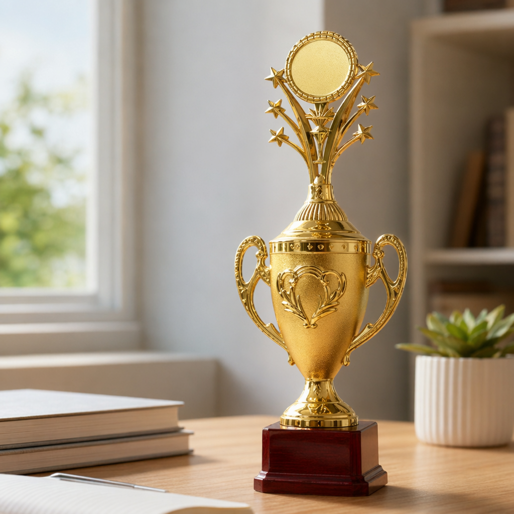 Customized golden trophies, celebration award gifts, metal-textured prizes that can be engraved details Picture