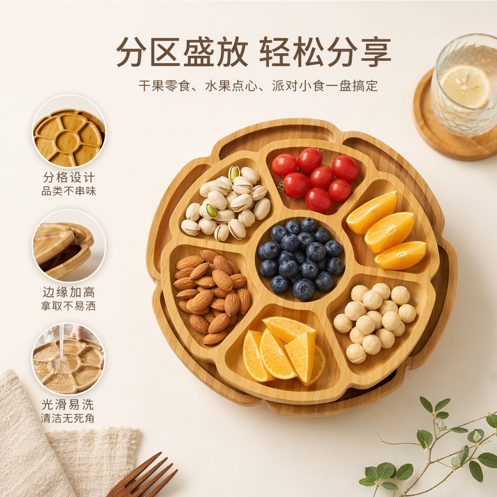 竹制花瓣形分格盘家用厨房收纳木盘餐具整理盘