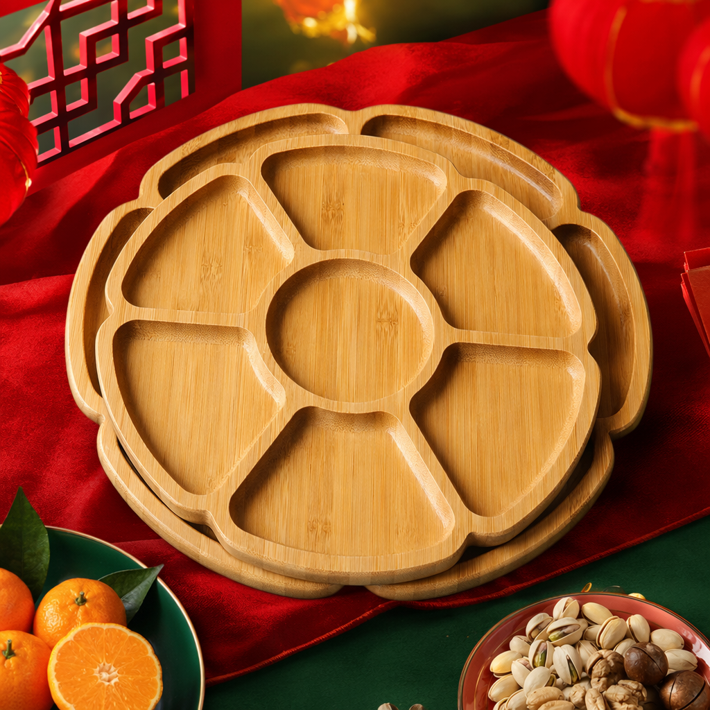 Bamboo petal-shaped compartments plate, household kitchen storage wooden plate, tableware organization plate Specification image