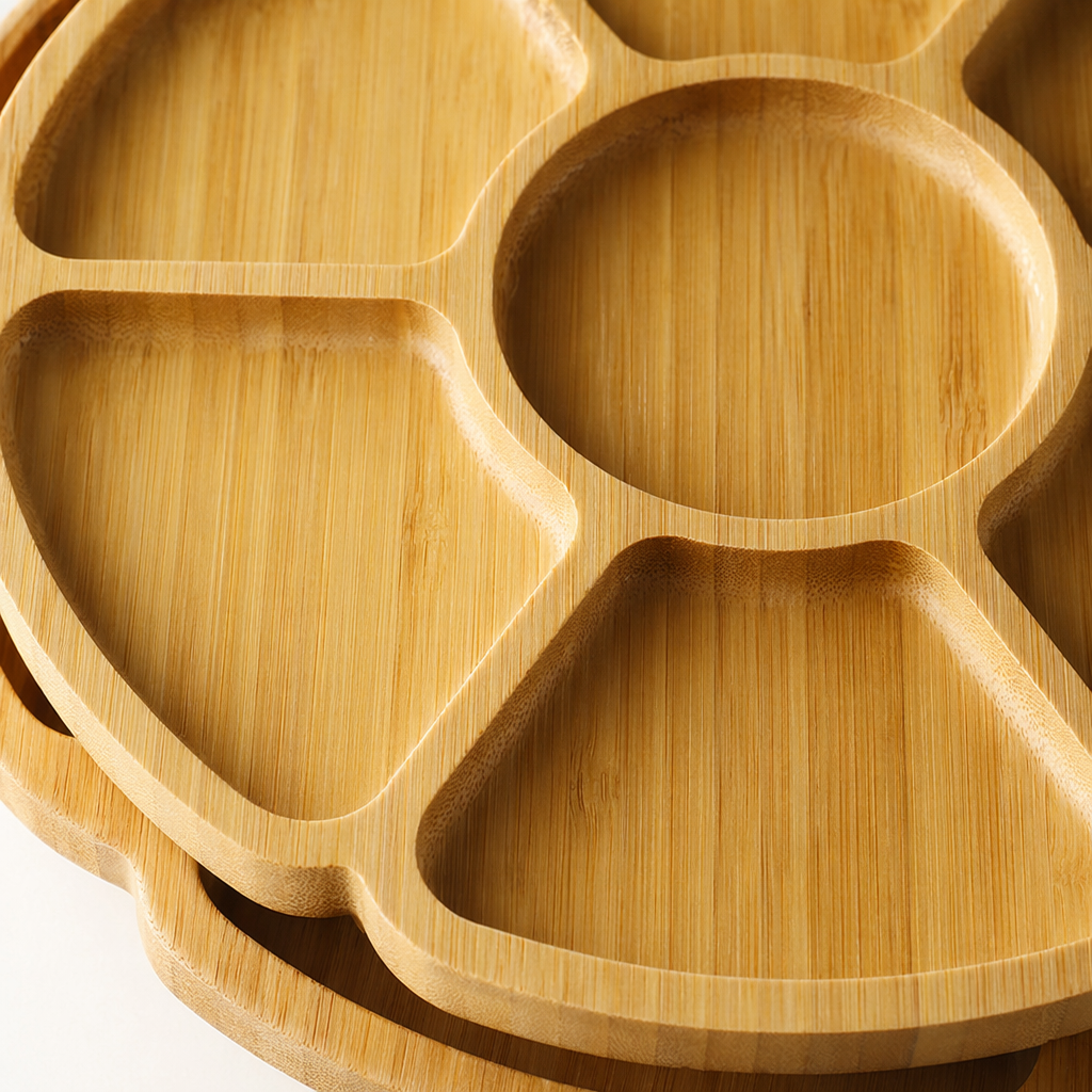 Bamboo petal-shaped compartments plate, household kitchen storage wooden plate, tableware organization plate Application Scenario