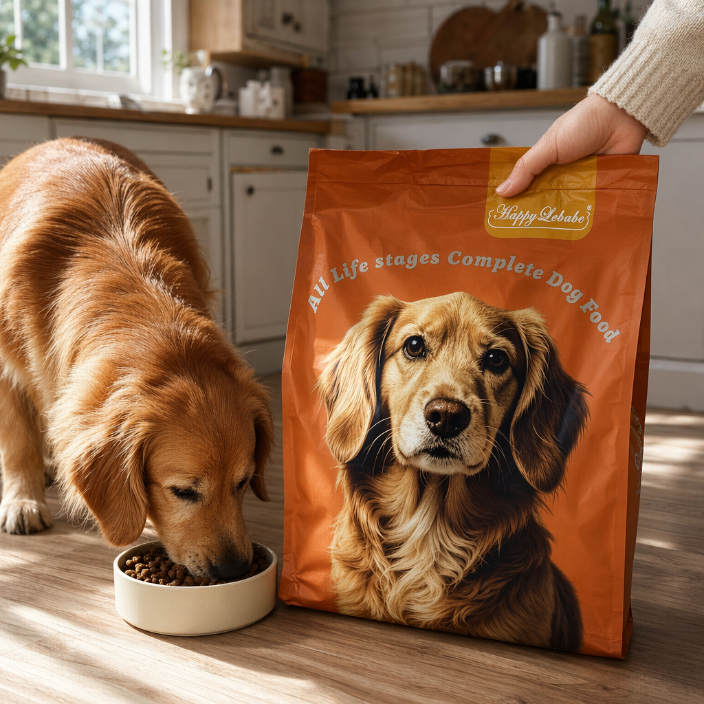 Full-price and full-life fresh meat dog food packaging bag, close-up of Golden Retriever's face, special pet dog food, adult dog food details Picture