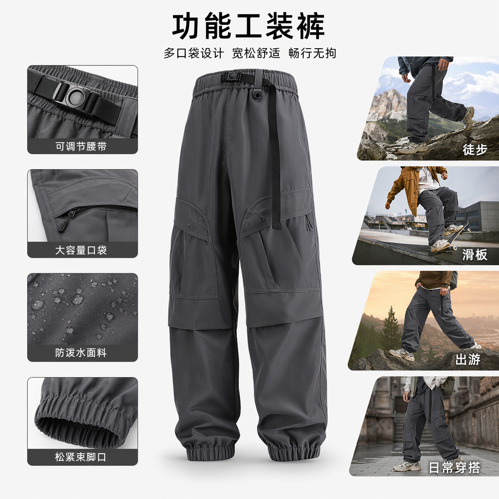 四款军装风工装裤 黑色卡其深灰深绿 多口袋抽绳腰头