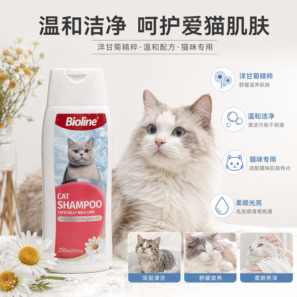 白色瓶身猫用洗发水宠物专用温和清洁去污除螨
