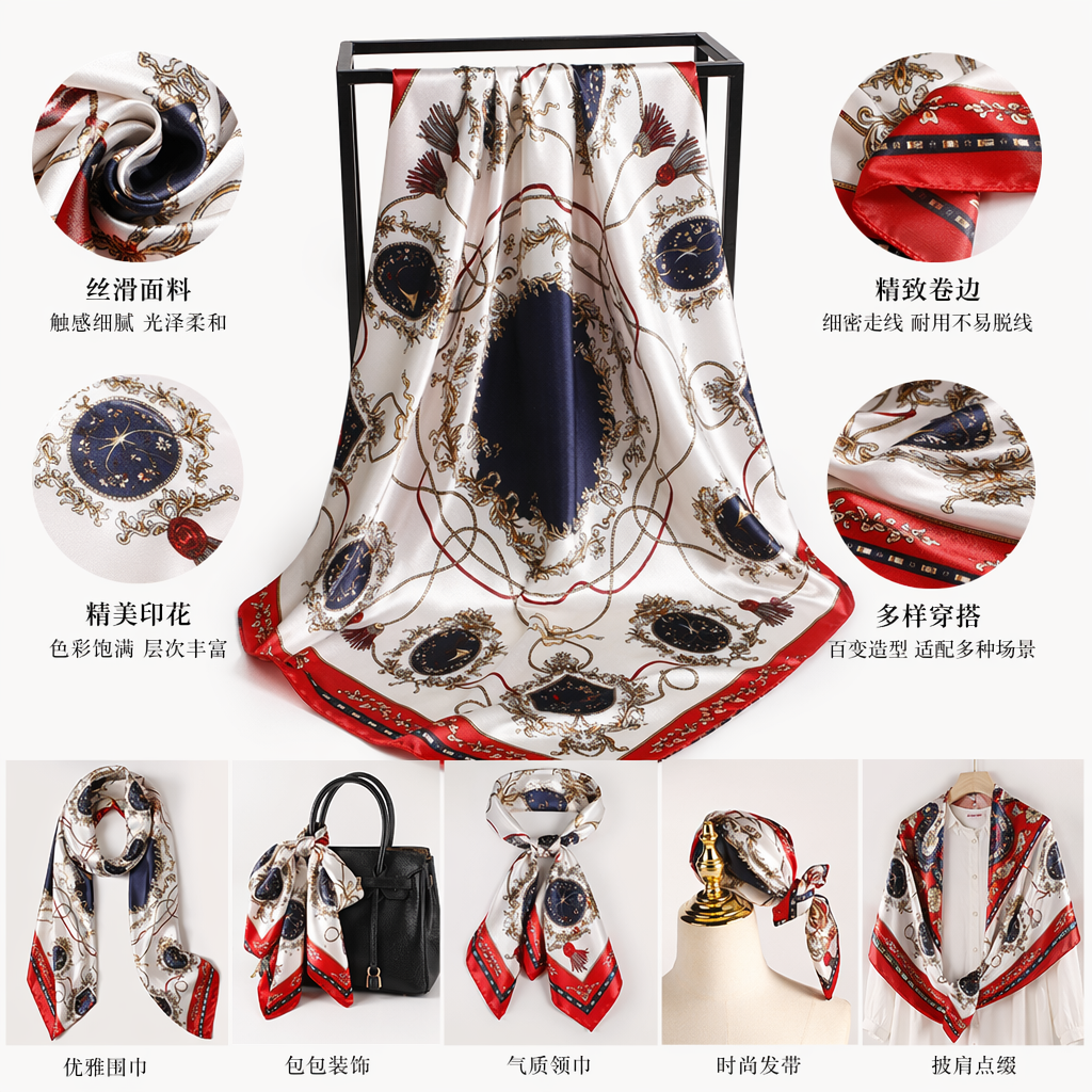红色边框白色底蓝色花纹丝质围巾