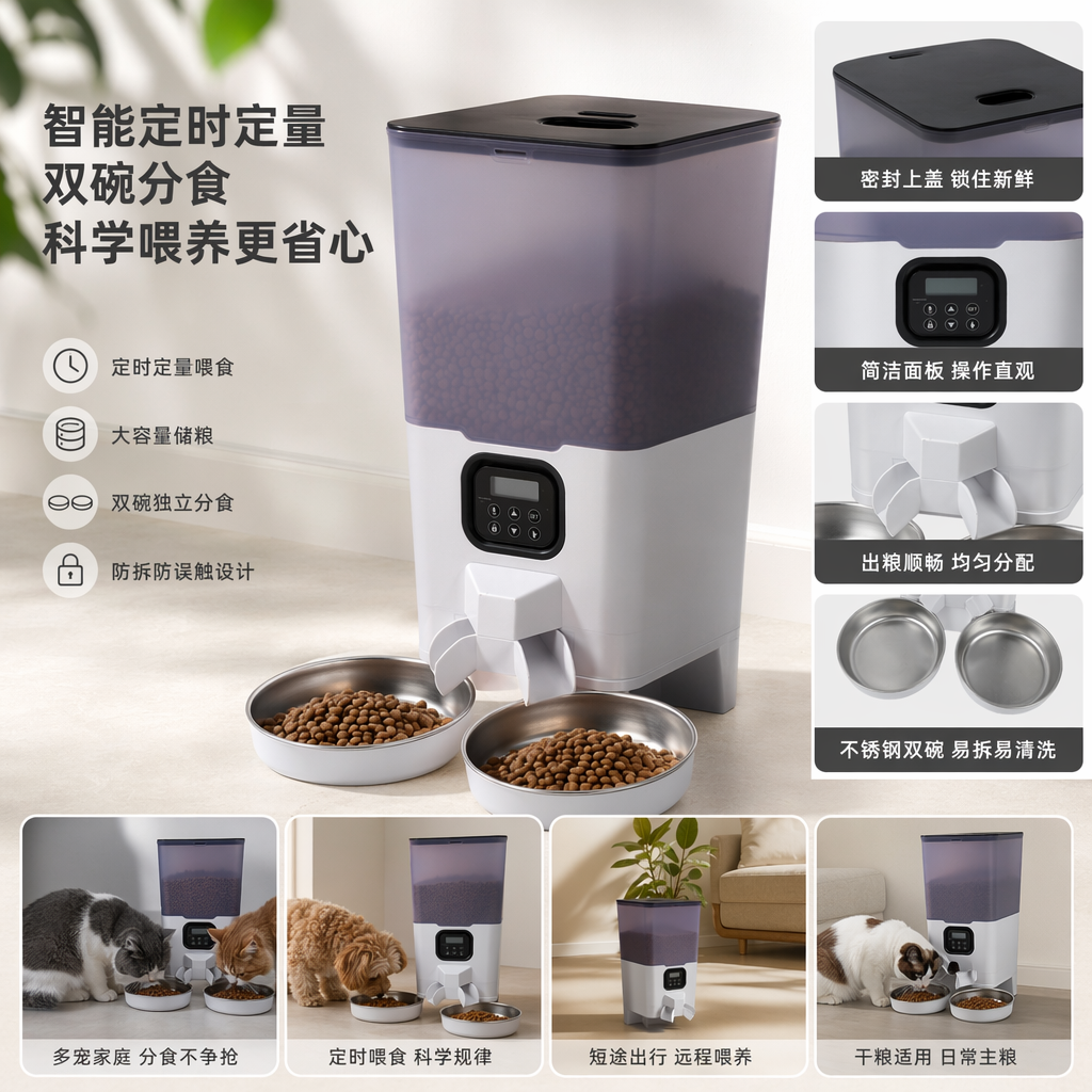 紫色智能喂食器自动定时定量宠物喂食器