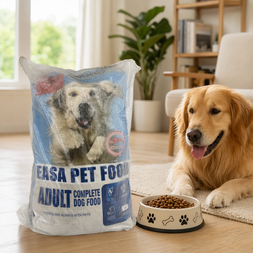Blue packaged dog food, natural and grain-free, is specially designed for adult dogs with balanced nutrition details Picture