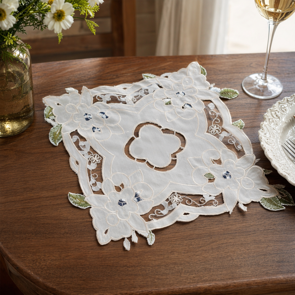 White embroidered table mat, handcrafted hollowed-out home dining tablecloth, coffee table mat, Nordic style details Picture